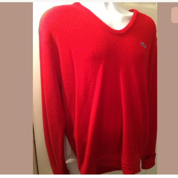 Vintage LACOSTE Red Izod VNeck Sweater Knit Gold Preppy Pullover Holiday Work - Picture 5 of 8